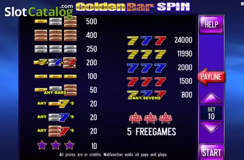 Paytable screen. Golden Bar Spin (3x3) slot