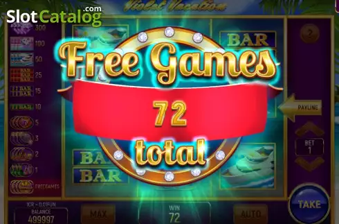 Win Free Games screen. Violet Vacation 3x3 slot