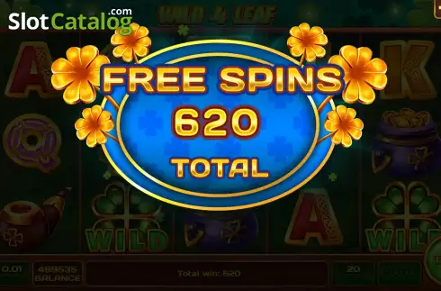 Win Free Spins screen. Wild 4 Leaf slot