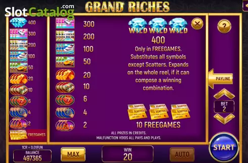 Paytable screen. Grand Riches (Pull Tabs) slot
