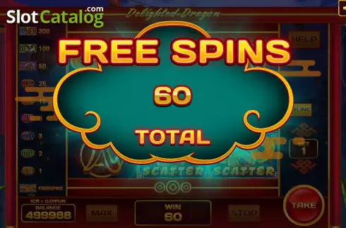 Win Free Spins screen. Delighted Dradon (Pull Tabs) slot
