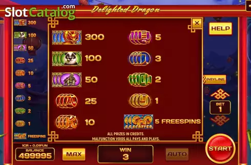 PayTable screen. Delighted Dradon (Pull Tabs) slot