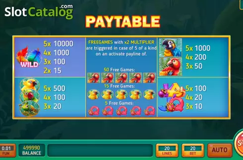 PayTable screen. Wild Rainbow Features slot