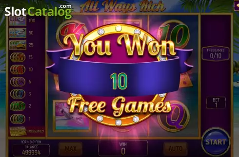 Free Spins screen. All Ways Rich (Pull Tabs) slot