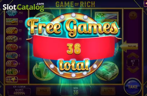Win Free Spins screen. Game of Rich (3x3) slot