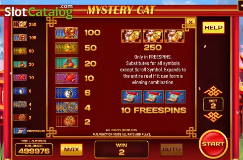 PayTable screen. Mystery Cat (3x3) slot
