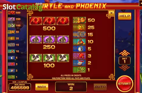 Paytable screen. Turtle and Phoenix (3x3) slot