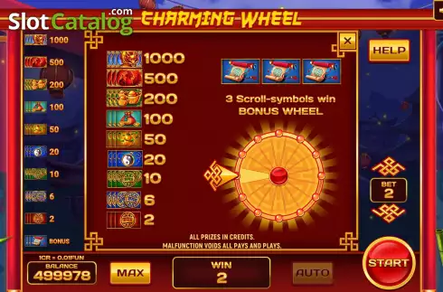 PayTable screen. Charming Wheel (3x3) slot