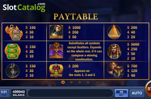 PayTable screen. Great Pharaoh slot