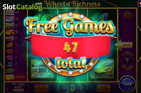 Win Free Games screen. Wheel of Richness (3x3) slot