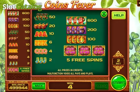 PayTable screen. Coins Fever (3x3) slot