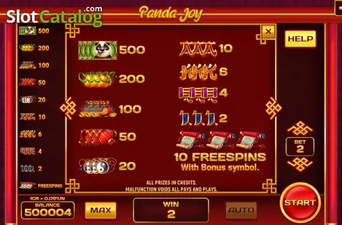 PayTable screen. Panda Joy (3x3) slot