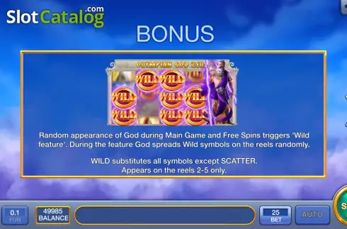 Game Features screen. Olympian God Zeus slot