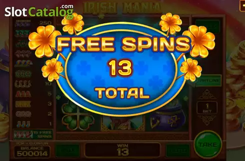 Win Free Spins screen. Irish Mania (3x3) slot