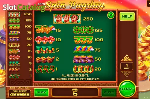 PayTable screen. Spin Payday (Pull Tabs) slot