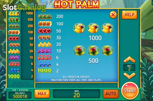 PayTable screen. Hot Palm (3X3) slot