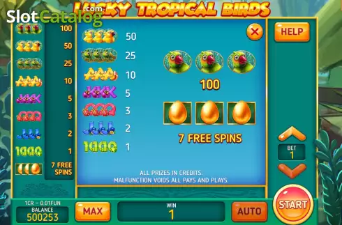 PayTable screen. Lucky Tropical Birds (Pull Tabs) slot