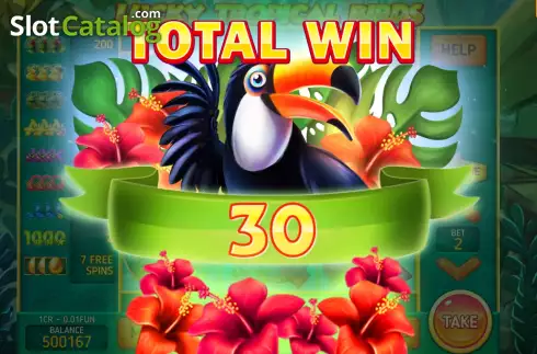 Win Free Spins screen. Lucky Tropical Birds (3x3) slot