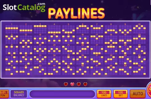 PayLines screen. 100 Hearts slot