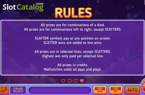 Game Rules screen. 100 Hearts slot