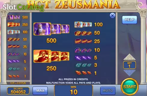 PayTable screen. Hot Zeusmania (Pull Tabs) slot
