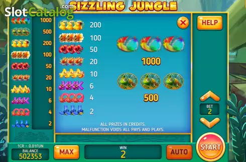 PayTable screen. Sizzling Jungle (3x3) slot