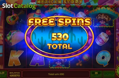 Win Free Spins screen. Mexican Story slot