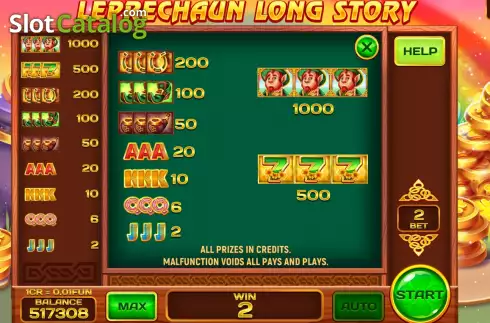 PayTable screen. Leprechaun Long Story (Pull Tabs) slot