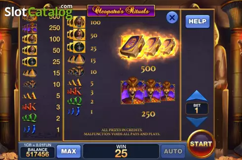 PayTable screen. Cleopatra's Rituals (Reel Respin) slot
