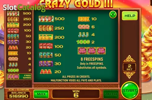 PayTable screen. Crazy gold III (Pull Tabs) slot