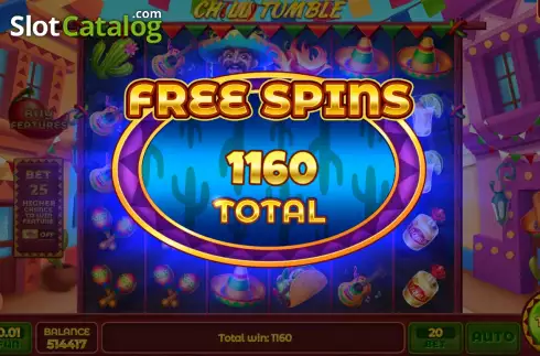 Win Free Spins screen. Chilli Tumble slot