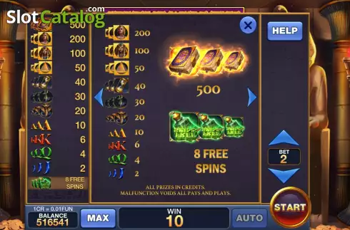 PayTable screen. Secrets Of Ancient Egypt (Pull Tabs) slot