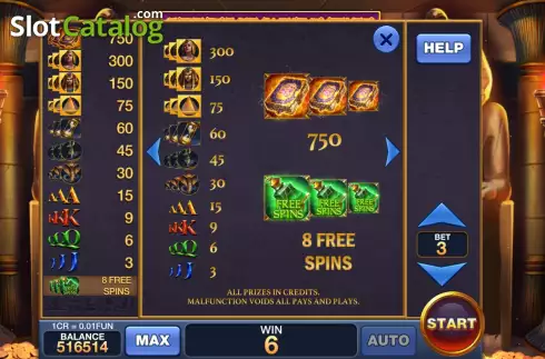 PayTable screen. Secrets Of Ancient Egypt (Reel Respin) slot