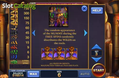 Game Features screen. Secrets Of Ancient Egypt (Reel Respin) slot