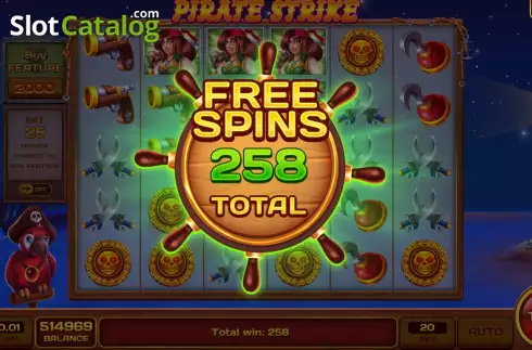 Win Free Spins screen. Pirate Strike slot