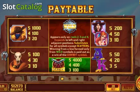 PayTable screen. Cowboy Golden Age slot