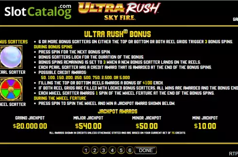Ultra Rush Bonus screen. Ultra Rush Sky Fire slot
