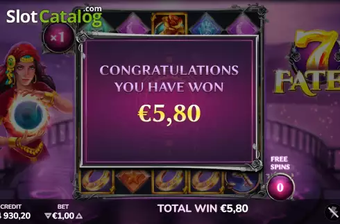 Win Free Spins screen. 7 Fates slot