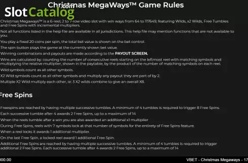 Rules Screen. Vbet Christmas Megaways slot