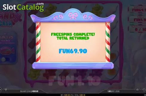 Win Free Spins screen. Sweet Candy Cash slot