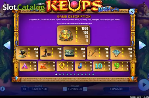 Paytable screen. Keops Wild slot