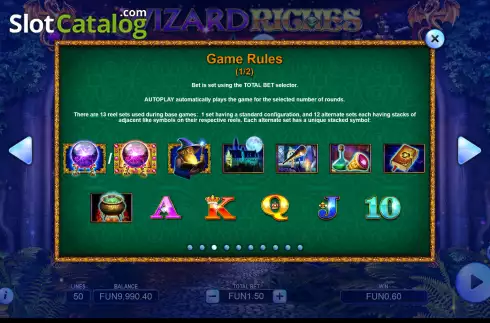 Rules screen. Wizard Riches slot