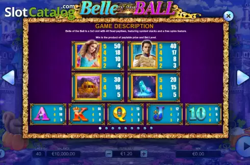 Pay Table screen. Belle Of The Ball slot