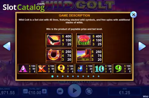 Paytable screen. Wild Colt slot