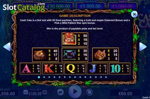Paytable screen. Cash Cats slot