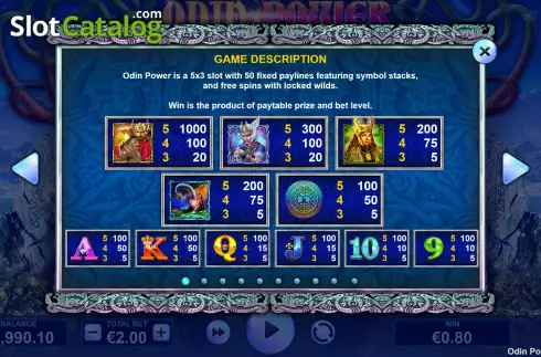 Paytable screen. Odin Power slot