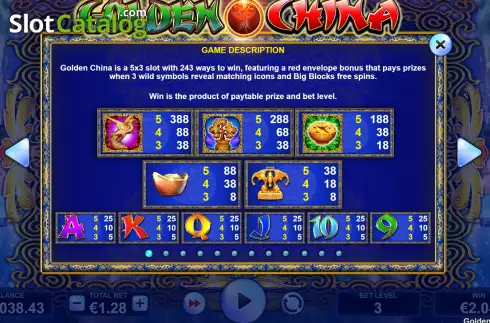 PayTable screen. Golden China (JVL) slot