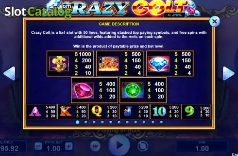 PayTable screen. Crazy Colt slot