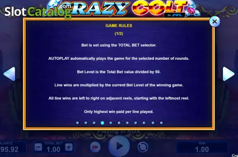 Game Rules screen. Crazy Colt slot