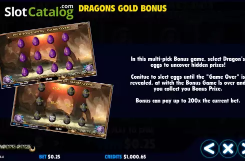 Dragons Gold Bonus screen. Dragons Gold (Jackpot Software) slot